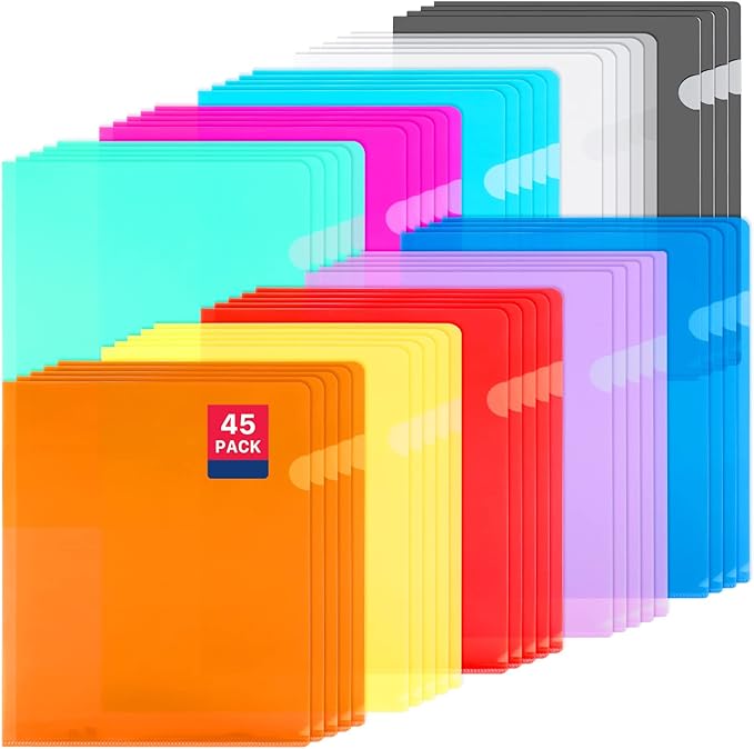 45PCS Clear Document Folders,Clear Colored Plastic Folders,10 Colors Plastic Project Pockets,A4 Letter Size Transparent File Folders,L-Type Plastic Sleeves for School Office Supplies,12.2" x 8.7"