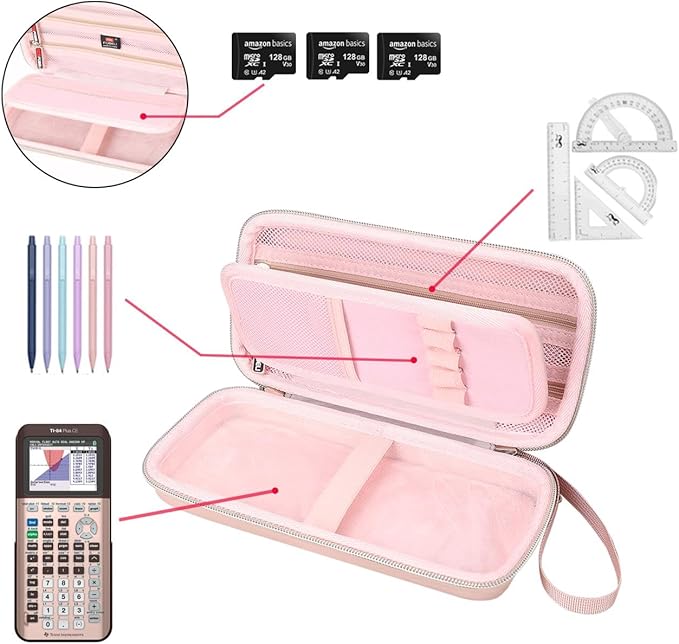 FBLFOBELI Hard Case for Texas Instruments TI-84 Plus CE/TI-84 Plus/TI-83 Plus/Casio fx-9750GIII Color Graphing Calculator, Mesh Pocket for Pens, Cables and Other Accessories (Case Only) (Rose Gold)