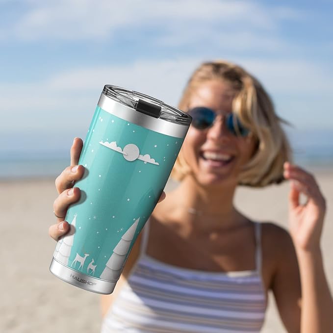 HAUSHOF 20oz Christmas Tumbler, Stainless Steel and Double Wall Vacuum Insulated Travel Coffee Mug with Lid, Good Choice for Gifts-Teal with Christmas Tree