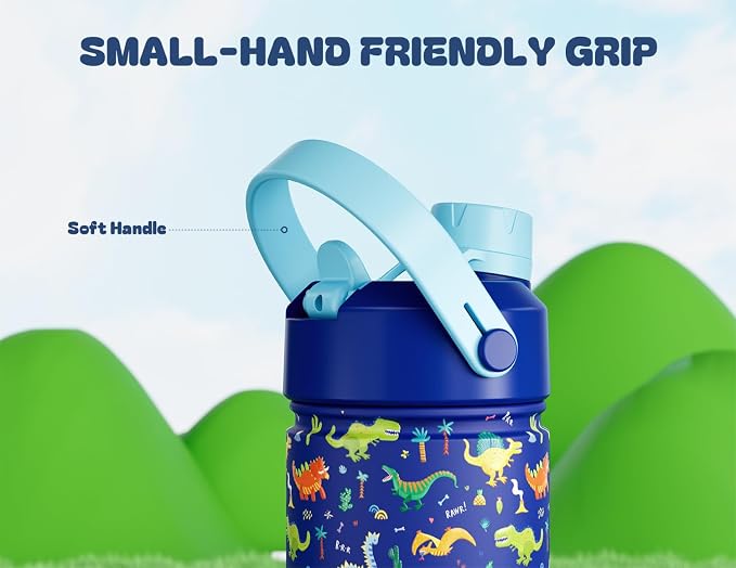 12 oz Kids Stainless Steel Water Bottle: Spill-Proof, Insulated Cup with Straw Spout Lid, BPA-Free, Car Cupholder Friendly, Durable, 24H Cold for Camping, Sports, Birthday Gift for Boys (Dinosaur-Era)
