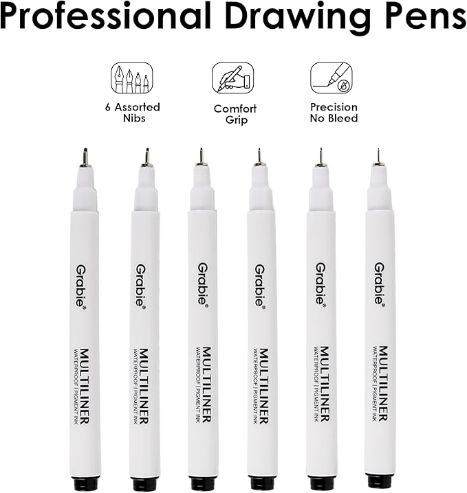 Grabie Micro Finerliner Pens, 6 Black Fine Line Waterproof Drawing Pens, Assorted Point Sizes for Sketching, Illustration, Journaling, Art Supplies