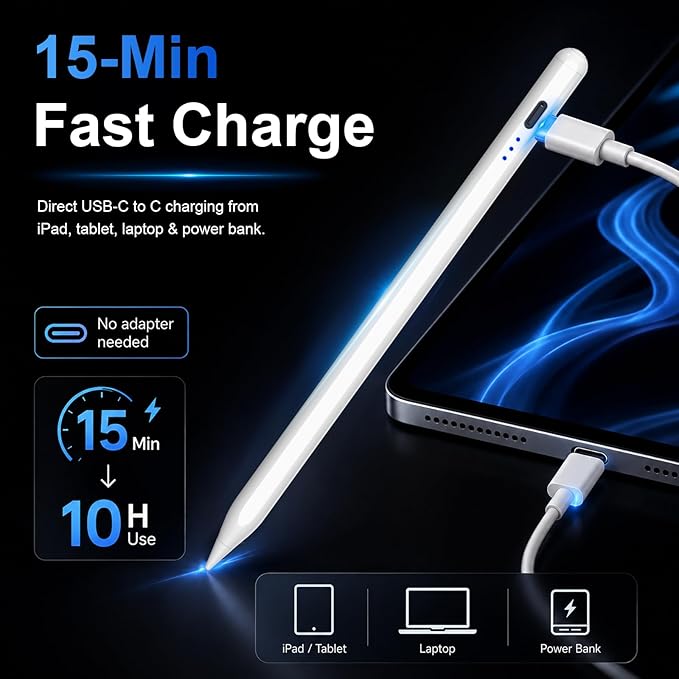 HATOKU Stylus Pen for iPad 2018-2026, 15Min Fast Charge iPad Pencil with High Precision, Tilt Sensitivity, Palm Rejection, Magnetic for Note-Taking Drawing on Apple iPad 6-11/Air/Pro/Mini - No Pairing