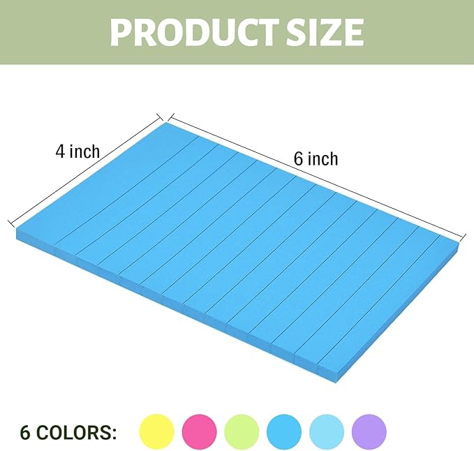 12 Pack Lined Sticky Notes 4x6 in Bright Colors Self-Stick Note Pads with Lines, Colorful Bulk Sticky Memo Pad for School, Office, Meeting