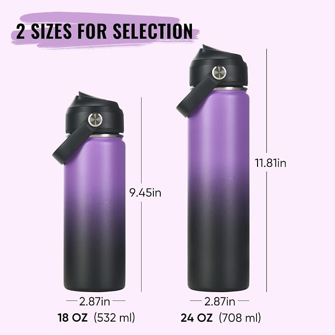 Fijinhom 18oz Insulated Stainless Steel Water Bottle, Wide Mouth Double Wall Vacuum, Silicone Straw, Sweat & Leak Proof, BPA Free Insulated Water Flask for Travel, Purple & Black