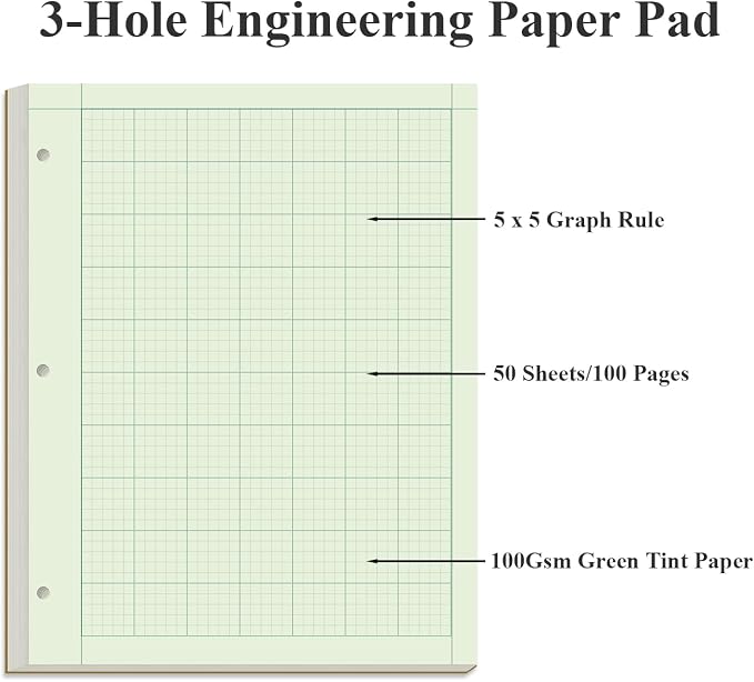Yaridar (3-Pack) Engineering Notebooks - 150 Sheets/300 Pages Graph Paper, 5 x 5 Graph Rule on Back, 3-Hole Engineering Computation Pad, 100 Gsm Green Tint Paper, 8-1/2" x 11"