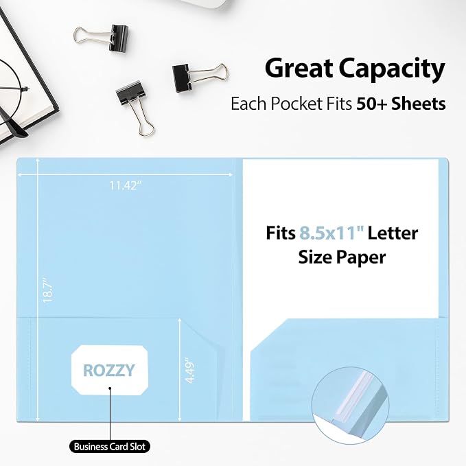 Plastic Folders with Pockets, 2 Pocket, Letter Size | 8.5x11 Paper, Business Card Slot, Black to School Supplies, For Kids / Students / Teachers, Office Organization