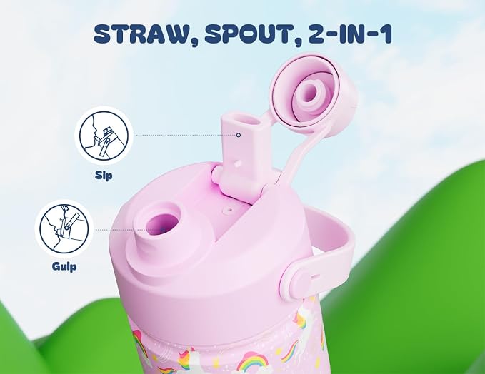 18 oz Kids Water Bottle for Girls: BPA-Free, Leakproof, Easy Carry, Durable Straw Spout Lid, 24H Cold, Cute Patterns, Insulated Stainless Steel Cup for School, Travel, Camping, Daily (Rainbow Unicorn)