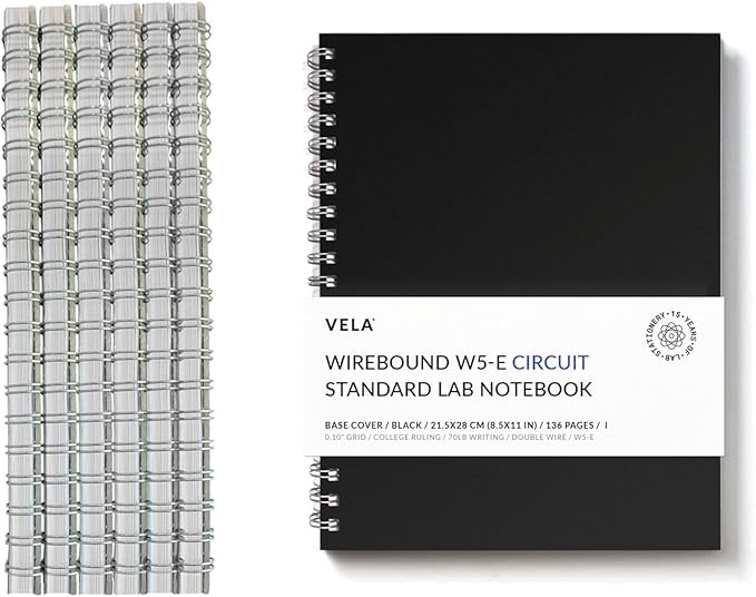 Vela Sciences W5-E Wirebound Lab Notebook, 8.5 x 11 in (21.5 x 28 cm), 128 Pages, Double Wire Looped, 70lb Heavyweight Paper (6-Pack, Ruled +)