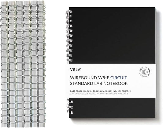 Vela Sciences W5-E Wirebound Lab Notebook, 8.5 x 11 in (21.5 x 28 cm), 128 Pages, Double Wire Looped, 70lb Heavyweight Paper (6-Pack, Ruled +)