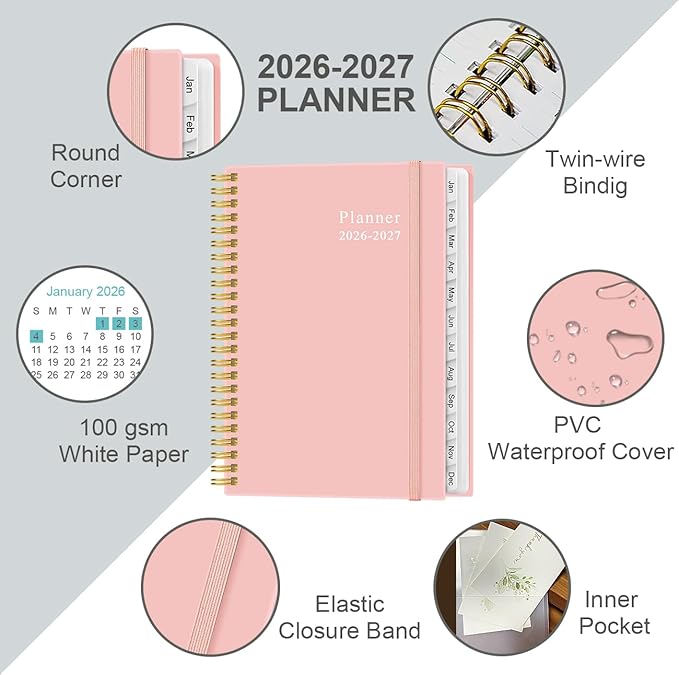 2026-2027 Planner - Planner 2026-2027 from July 2026 - June 2027, Weekly & Monthly Planner Spiral Bound with 12 Monthly Tabs, Inner Pocket, 6.4" x 8.5", Pink-E