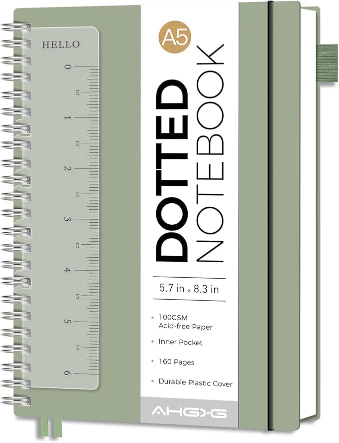 AHGXG Dotted Journal - Dot Grid Spiral Notebook A5, 160 Pages, 100 GSM Thick Paper, Waterproof Plastic Cover Journals for Journaling, Sketching, 5.7" x 8.3", Light Green