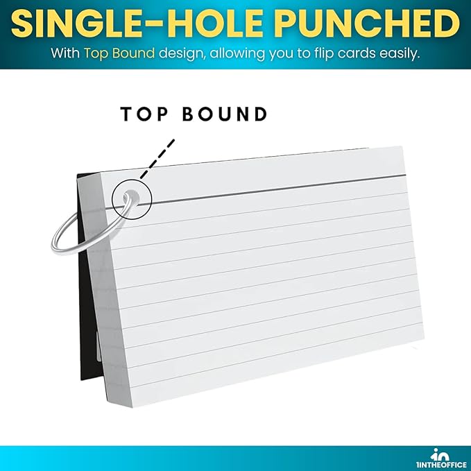 1InTheOffice Index Cards with Ring, Ruled Index Cards with Ring, 3" x5", 100 White Cards/Ring