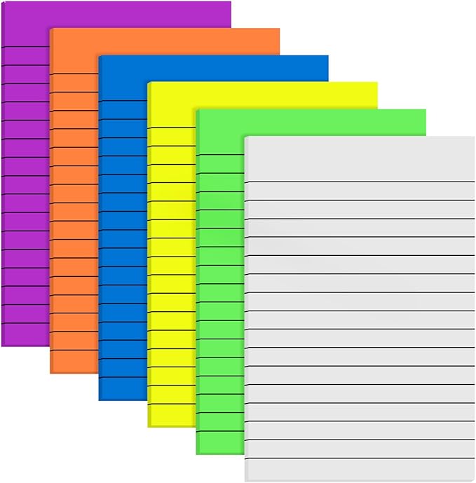 Yinder 6 Pack Pastel Transparent Sticky Notes Translucent Clear Lined Self Stick Note, Back to School Gifts for Bible Tabs, Book Tabs, School Supplies Office, 30 Sheets/Pack, 4 x 6'' (Bright Color)