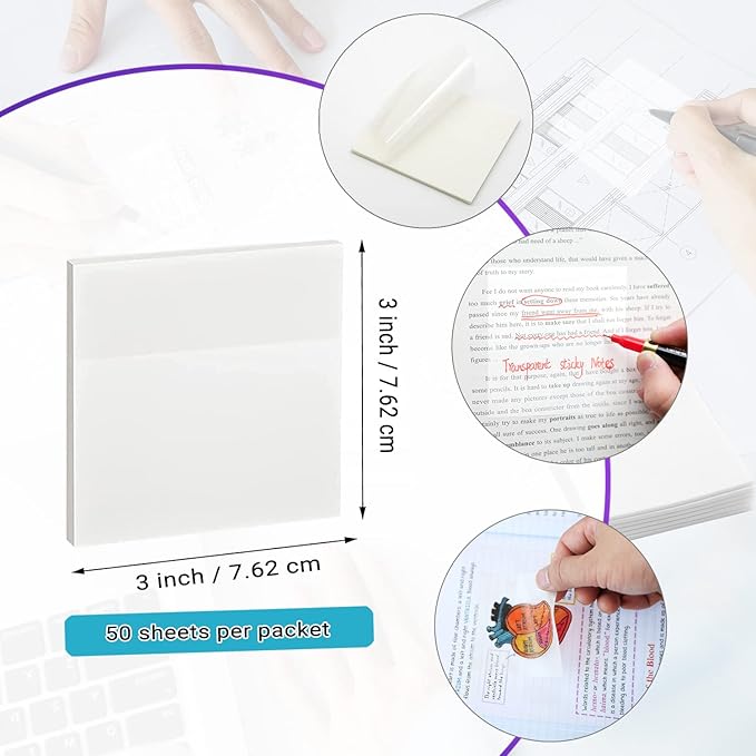 600 Sheet Transparent Sticky Notes, 3" x 3" Clear Sticky Notes Waterproof Self-Adhesive Translucent Sticky Note pad for Books Annotation and Tracing, See Through Sticky Note (12 Pads)