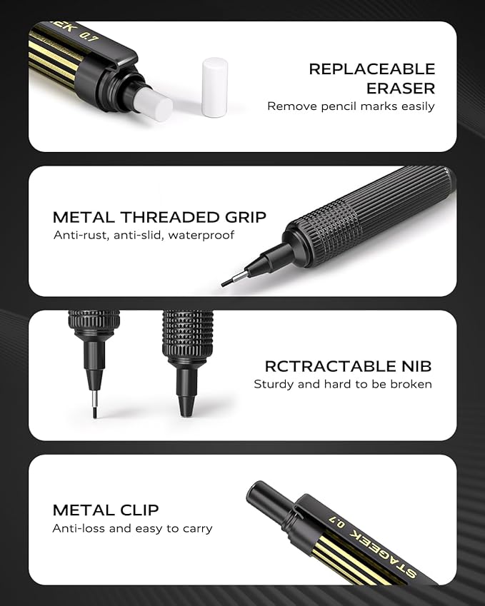 STAGEEK 0.7mm Mechanical Pencil with Metal Gift Case, 1PCS Metal Mechanical Pencil with 120Pcs HB Lead Refills,4B Erasers and 9PCS Eraser Refills, for Writing Drafting Drawing and Sketching(Gold)