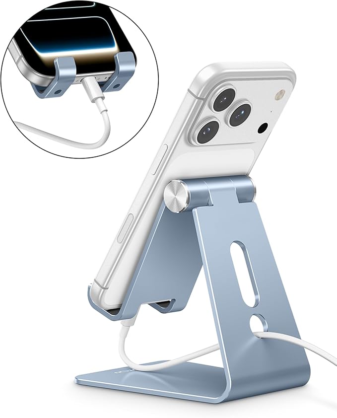 OMOTON Adjustable Cell Phone Stand, Aluminum Desktop Cellphone Stand with Anti-Slip Base and Convenient Charging Port, Fits All Smart Phones, Light Blue