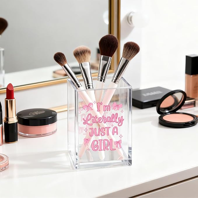 I'm Literally Just A Girl Acrylic Cosmetic Organizer Pen Holder, Funny Acrylic Desk Holder Cup for Pen Pencil, Cute Office Gifts for Women Coworker, Pink Birthday Gifts for Bow Lover Daughter