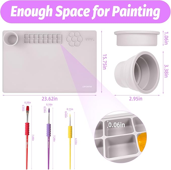 Paint Pad for Kids, Art Supplies for Kids Silicone Painting Mat, 23.6 x 15.8in Paint Mat with 3 Nylon Brushes, Art Mats for Crafts to Protect Table, Painting Pad Washable(Purple)