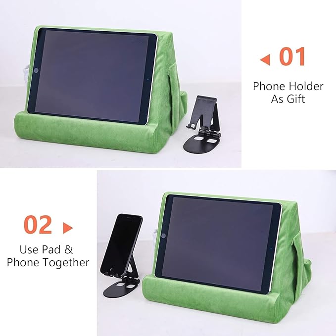 2pcs Multi-Angle Tablet Holder Cushion Stand with Net Pocket & Black Color Phone Stands Upgraded Tablet Pad Support for Phone,Pad,Books (LightGreen)