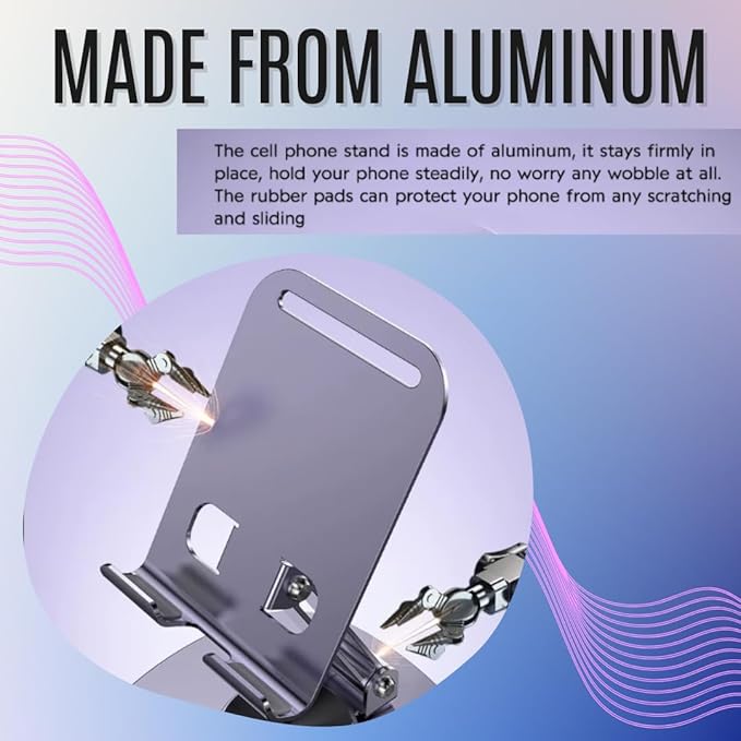 Adjustable 360° Rotating Cell Phone Stand – Foldable Desktop Holder Dock, Case Friendly, Works with All Phones (Purple)