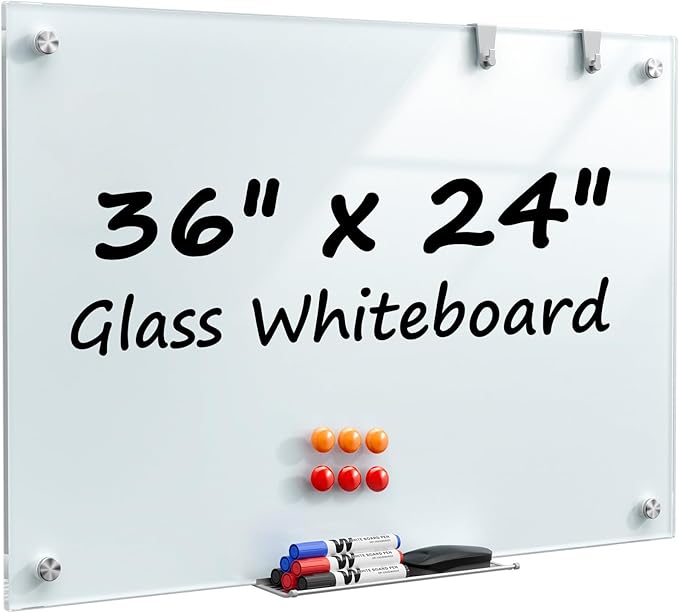 MaxGear Glass Whiteboard 36 x 24 Inch, Tempered Glass Dry Erase Board, Frameless Wall Mounted Magnetic Whiteboard for Home Office, Study, Small Office, Personal Use