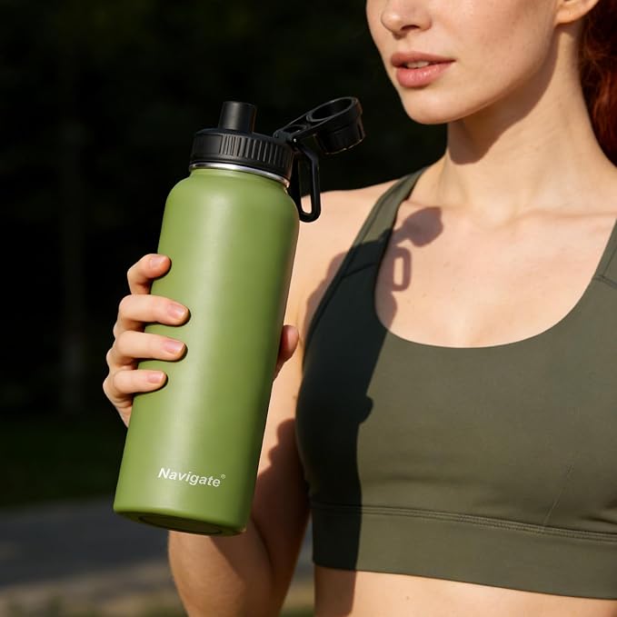 Navigate 40 oz Insulated Stainless Steel Sports Water Bottle with Spout & Handle Lids,Wide Mouth Water Jug with Double Walled Leak Proof Keep Cold for 24 Hrs Hot for 12 Hrs,Dark Green