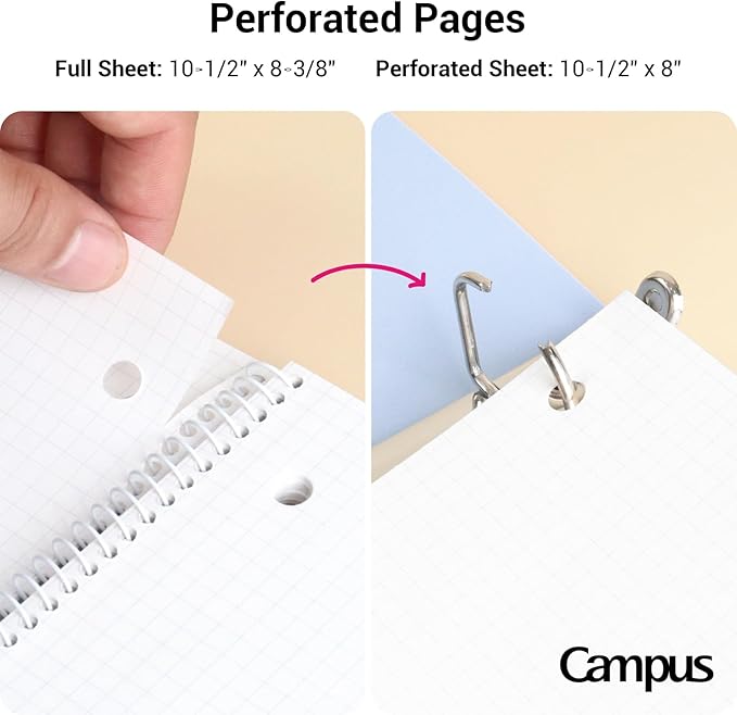 KOKUYO Spiral Notebook with 5x5 Graph Paper, 3 Pack Campus 10-1/2" x 8" Subject Notebooks, 80 Sheets, Light Pink Blue Off-White 3 Holes School Spiral Journal for Study Planner Drawing (WSG-SU-400G4×3) (Paper)