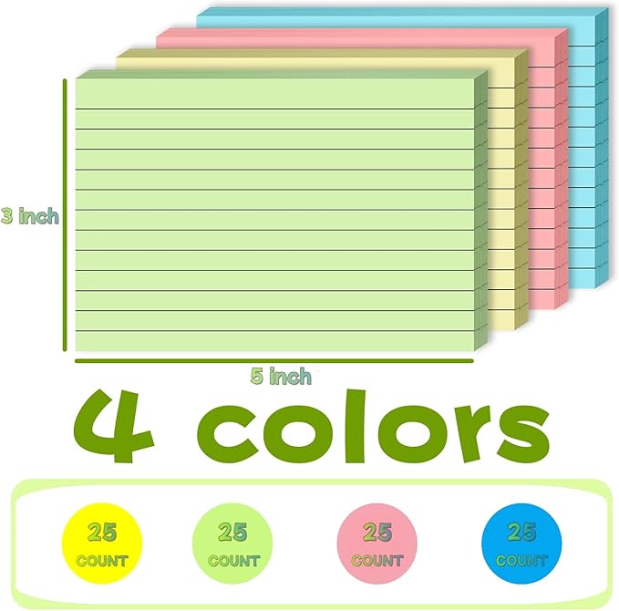 100 Count Colored Index Cards 3x5 Inch Ruled Flashcards Notecards 4 Color (25 Sheets Each),Lined Study Card Portable Note Taking for School Office Home