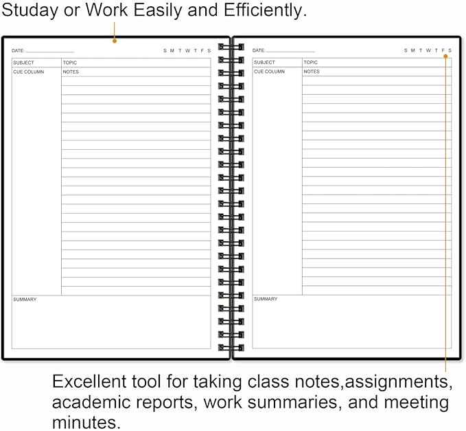 Yaridar A5 Cornell Notes Notebook - College Spiral Cornell Notebooks for Note Taking, Subject College Ruled Steno Pads for Office/School/Home, 5.8" x 8.5", Black
