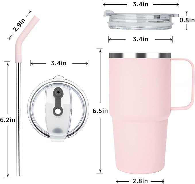 Sursip Insulated Coffee Mug with Handle and Lid, 24 oz Double Wall Vacuum Travel Thermal Coffee Tumbler with Straw for Home, Office Stainless Steel Coffee Cup - Leak proof, BPA Free (Pink-1 Pack)