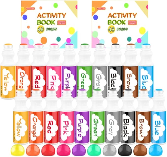 Soucolor 20-Pack 10 Colors Washable Bingo Paint Daubers Markers for Toddlers Kids Preschool, Dot Markers Set with 48 Pages Tearable Activity Book for Toddler Arts and Crafts Kits Supplies