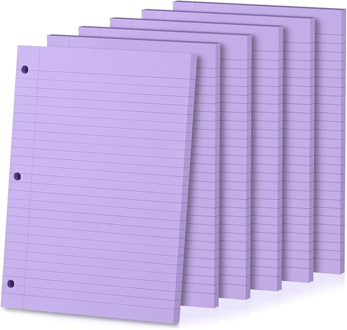 Loose Leaf Paper, 300 Sheets, Wide Ruled, 8" x 10.5", 6 Pack, Reinforced Notebook Papers College Ruled, 3 Hole Punched, College Lined Filler Paper for 3 Ring Binder Notebook, School & Office, Purple