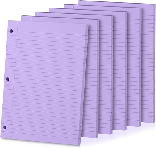 Loose Leaf Paper, 300 Sheets, Wide Ruled, 8" x 10.5", 6 Pack, Reinforced Notebook Papers College Ruled, 3 Hole Punched, College Lined Filler Paper for 3 Ring Binder Notebook, School & Office, Purple