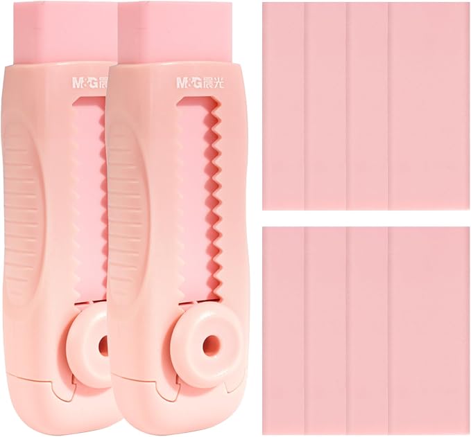 M&G 8+2 Pack Rubber Erasers Sliding Retractable Eraser, Soft Cute Erasers Push Pull Large Pencil Eraser with Plastic Sleeve 8 Refill Eraser for Students Kids, School Office Home Supplies (Pink)