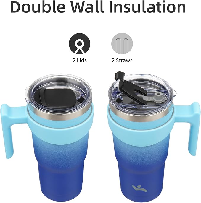 Konokyo 20 oz Tumbler with Handle and 2 Straw 2 Lid, Insulated Water Bottle Stainless Steel Vacuum Cup Reusable Travel Mug,Sky
