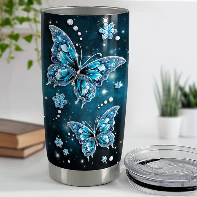 SANDJEST Butterfly Tumbler 20oz Stainless Steel Insulated Tumblers Coffee Travel Mug Cup Jewelry Drawings Style Butterfly Gifts for Women Girls Teen Gift for Birthday Christmas