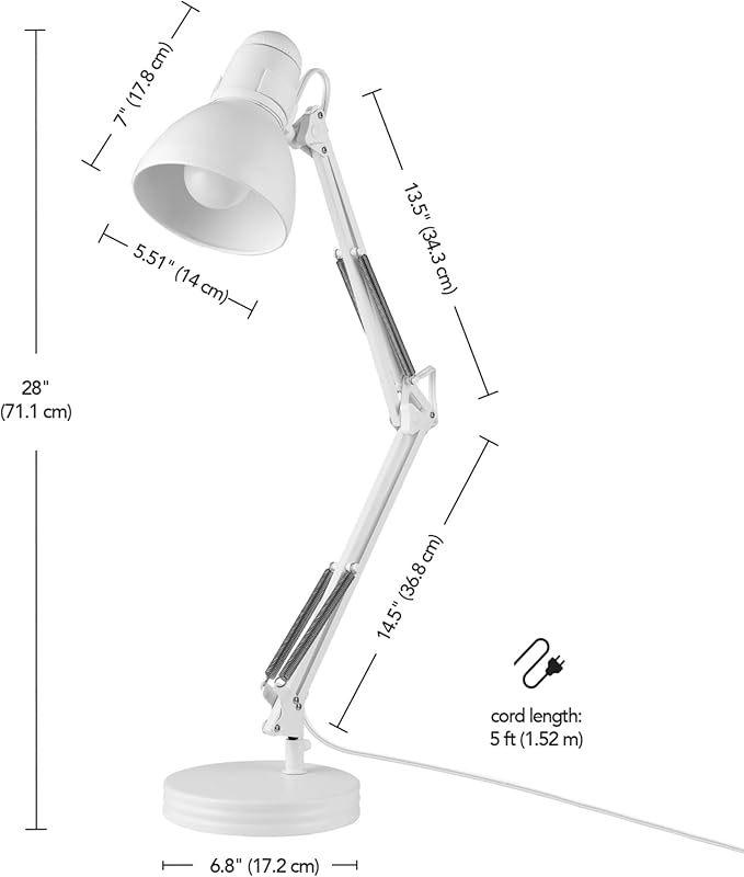 Globe Electric 52024 28" Swing Arm Architect Desk Lamp, Matte White, Rotary Switch on Shade, Partially Adjustable Arm, Modern Lighting for Bedroom or Office, Timeless, Indoor Lights