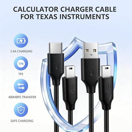 2-Pack USB and USB-C Charging Cables for TI-84 Plus CE, TI-84 Plus C Silver, TI 89 Titanium, and TI Nspire CX graphing calculators. Texas Instruments (TI) Calculator Accessories.