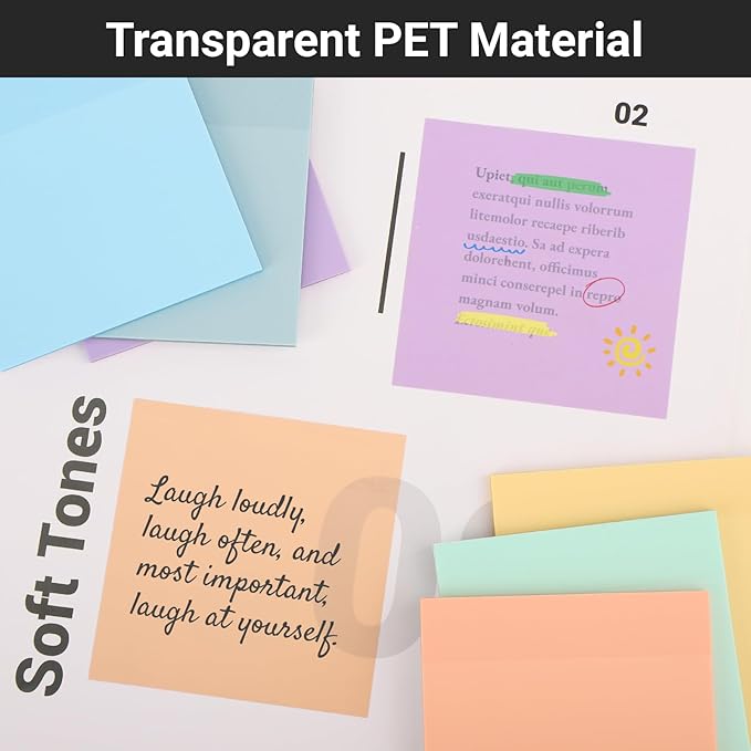 EUSOAR Clear Sticky Notes, 300 Sheets 3x3 Inch Transparent Markers Sticky Note Pads Morandi 6 Colors, See-Through Adhesive Note Memo Reminder Tabs Bible Page Flags Stickers for Book Annotation