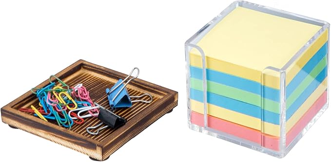 MyGift Acrylic Sticky Note Holder Dispenser with Removable Rustic Burnt Solid Wood Tray, 3-Inch Square Office Desktop Self-Stick Memo Pad Storage Cube