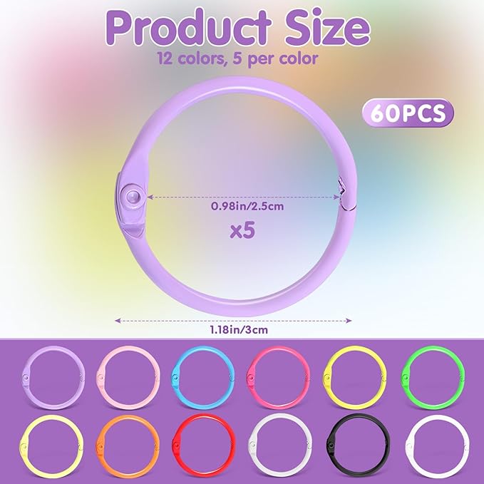 60 Pack Color Binder Rings, 1 1/5 Inch Metal Rings for Index Cards, for Book Rings, Flashcard Rings, Key Rings or Keychains, School, Office, Home Loose Leaf Binder 12 Colors