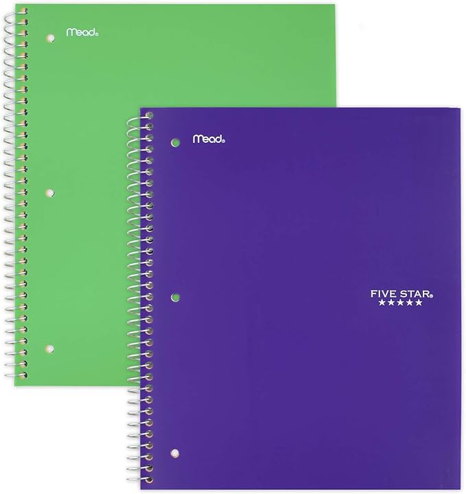 Five Star Spiral Notebooks, 5 Subject, Wide Ruled Paper, 200 Sheets, 10-1/2" x 8", Electric Green, Royal Purple, 2 Pack (38408)