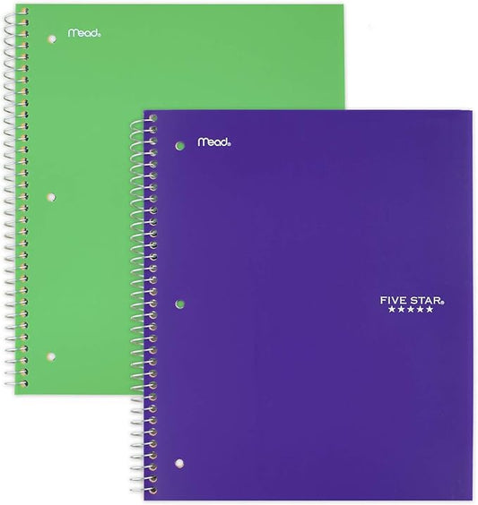 Five Star Spiral Notebooks, 5 Subject, Wide Ruled Paper, 200 Sheets, 10-1/2" x 8", Electric Green, Royal Purple, 2 Pack (38408)