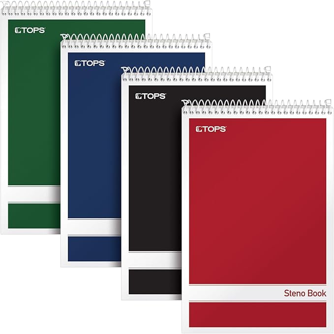 TOPS Steno Pads 4 Pack, 6" x 9" Spiral Steno Notebooks, Gregg Rule for lists, 80 Sheets Each, White Paper, Assorted Covers, Take Notes for School, College, Work, Office (80220)