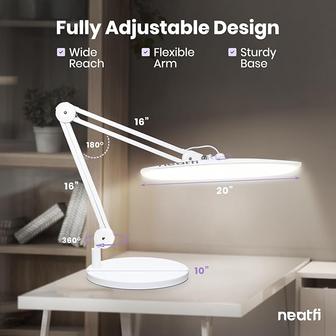 Neatfi XL 2200 Lumens 24W LED Desk Lamp - 4-Level Dimmable Task Light | Home Office, Crafts & Workbench | 20-Inch Wide Head (White, Non-CCT with Base)