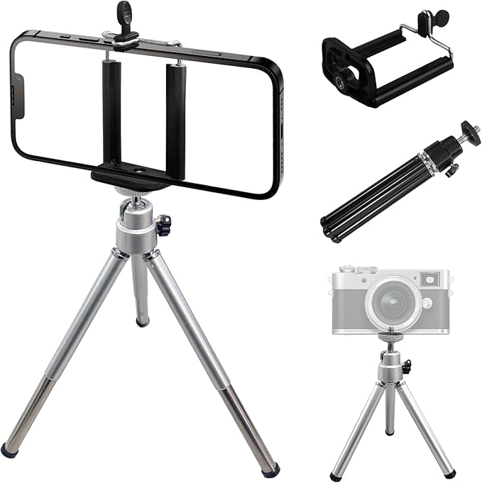 Mini Portble Extendable Phone Tripod Stand with Clip, 360° Ball Head Desktop Tripod Compatible with All Cellphone Mini Camera for Vlogging, Travel, Video Recording (Silver)