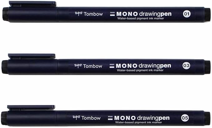 Tombow 66403 MONO Drawing Pen, 3-Pack. Create Precise, Detailed Drawings with Three Tip Sizes – 01, 03 and 05