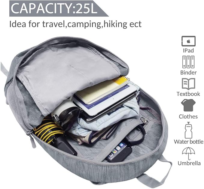 ZOMAKE 25L Ultra Lightweight Packable Backpack, Foldable Hiking Backpacks Water Resistant Small Folding Daypack for Travel(Medium Grey)