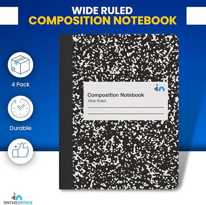 1InTheOffice Composition Notebook Wide Ruled, 1 Subject Notebook, Marble, 7.5" x 9.75", 100 Sheets, Black, 4 Pack