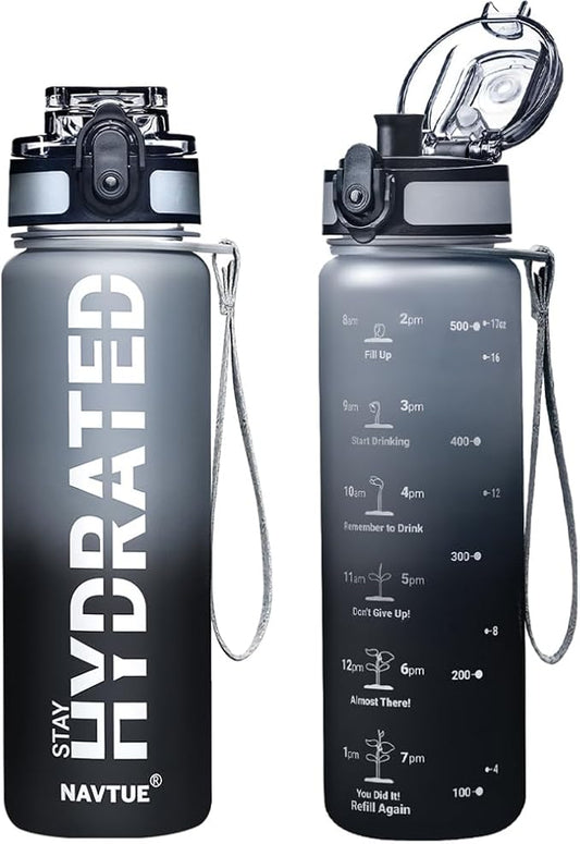 Water Bottle, 16.9 OZ Sports Water Bottles with Time Marker Wide Mouth, Motivational and Leakproof Drink Bottle, BPA Free Tritan with Carry Strap for Gym Fitness Outdoor(1 Bottle)